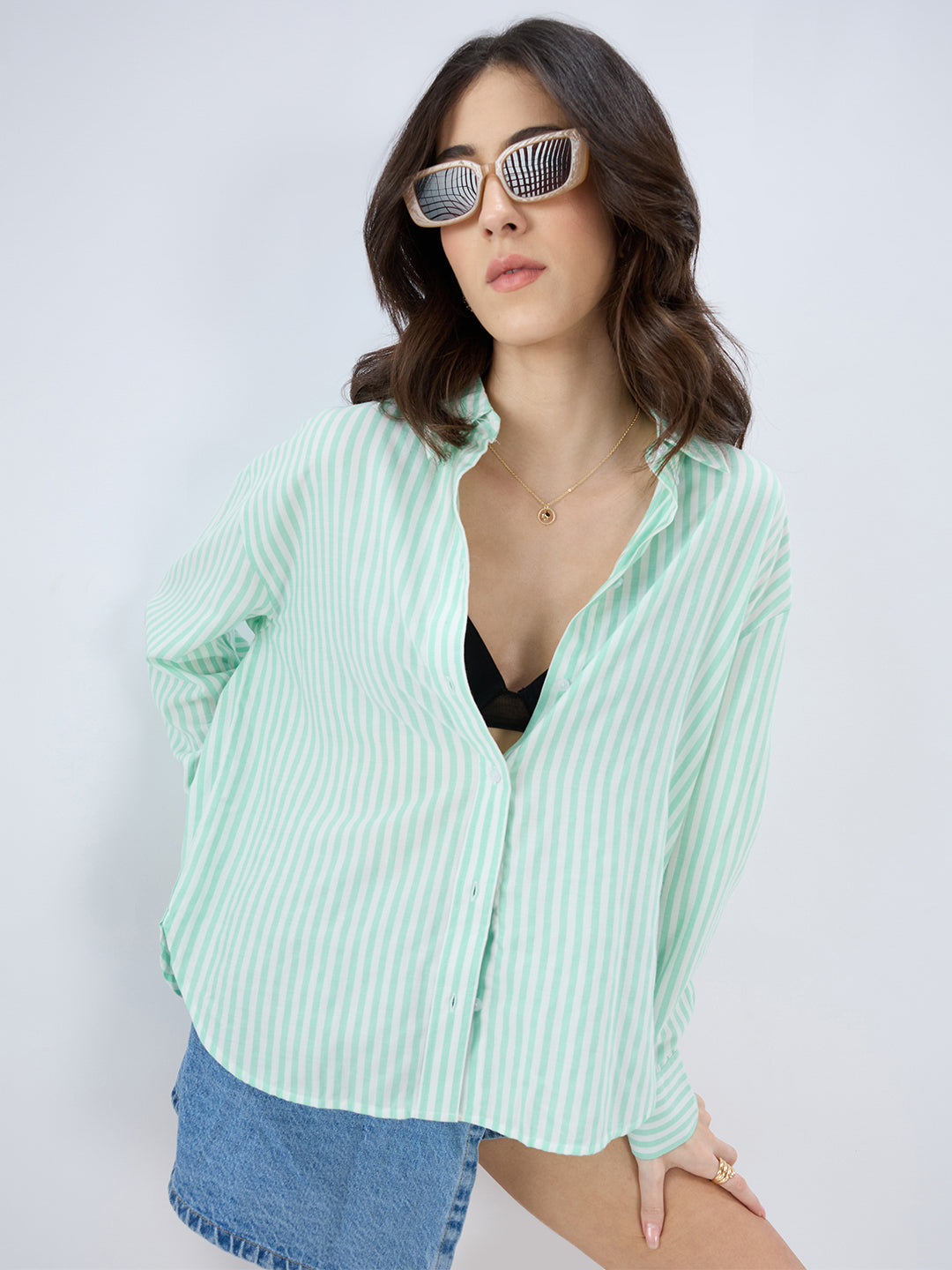 Green & White Balanced Stripe Oversized Shirt