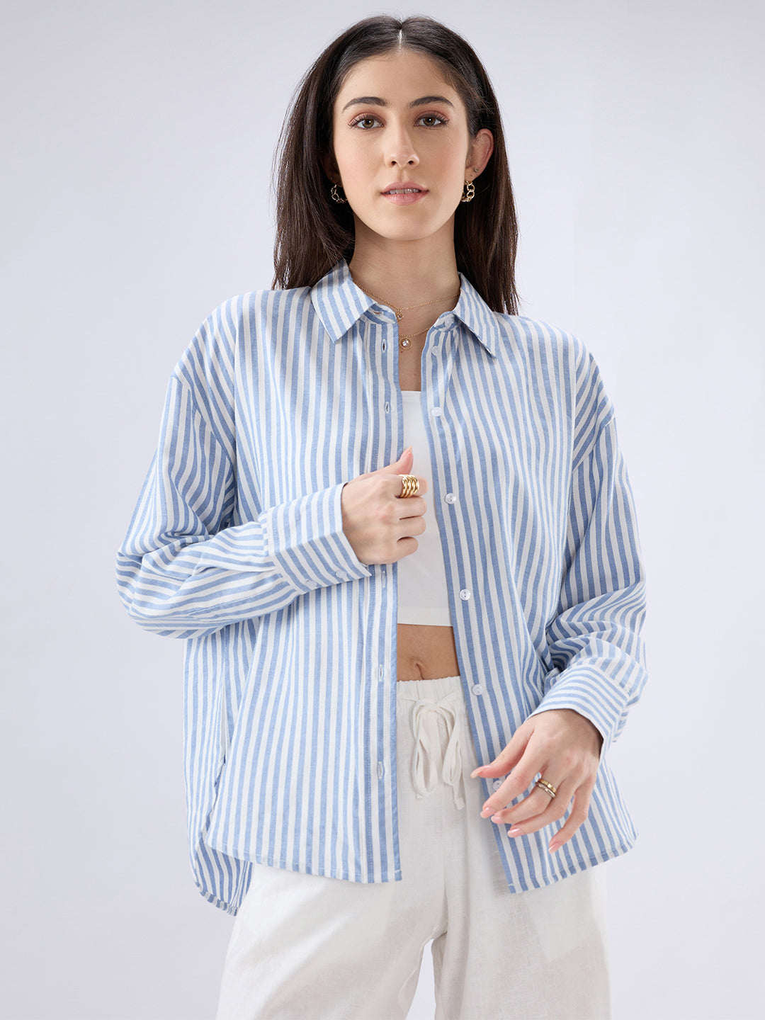 Blue & White Balanced Stripe Oversized Shirt