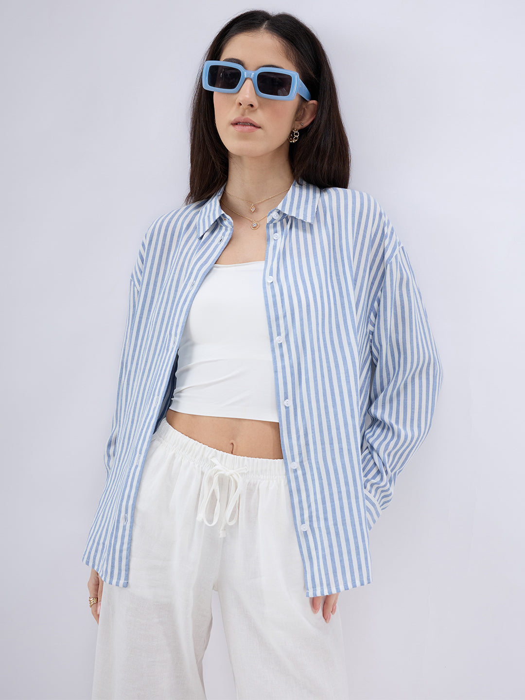Blue & White Balanced Stripe Oversized Shirt
