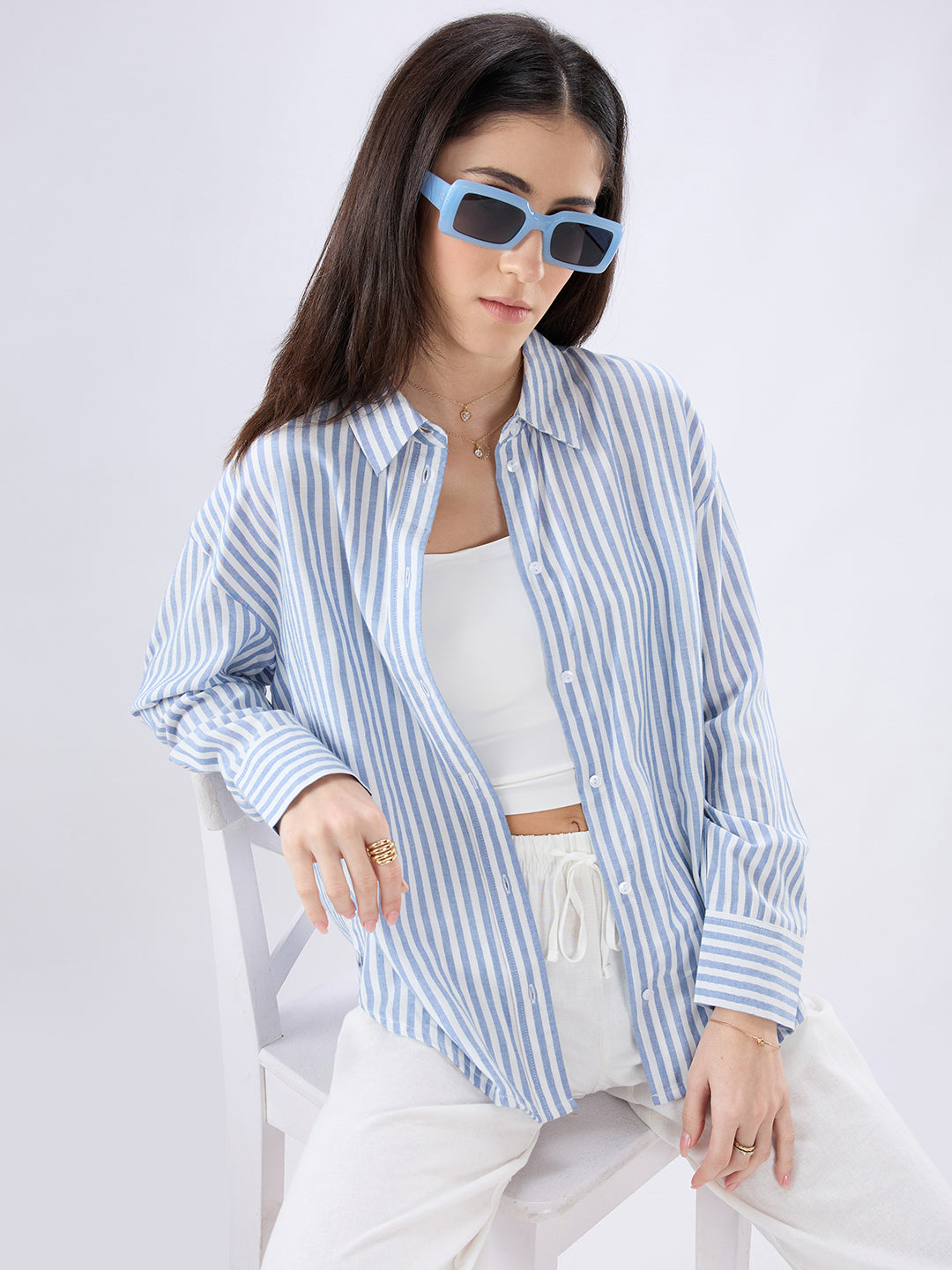 Blue & White Balanced Stripe Oversized Shirt