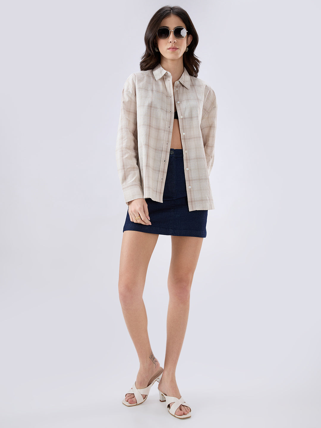 Grey Tartan Checked Jacquard Oversized Shirt