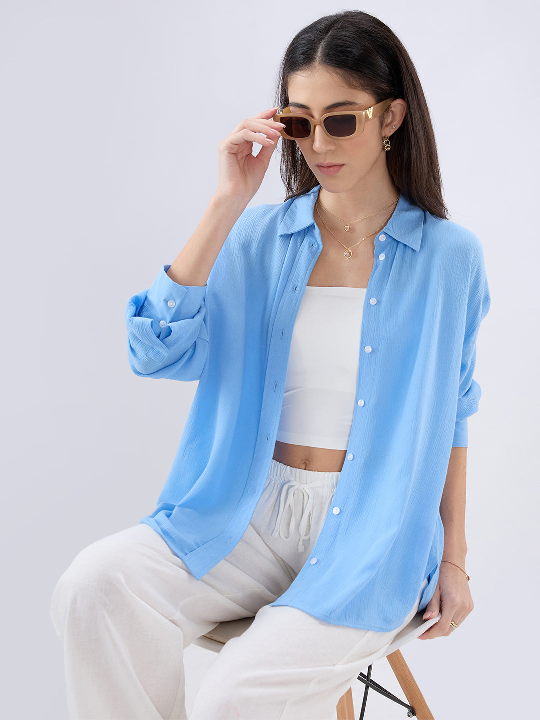 Maya Blue Crepe Oversized Shirt