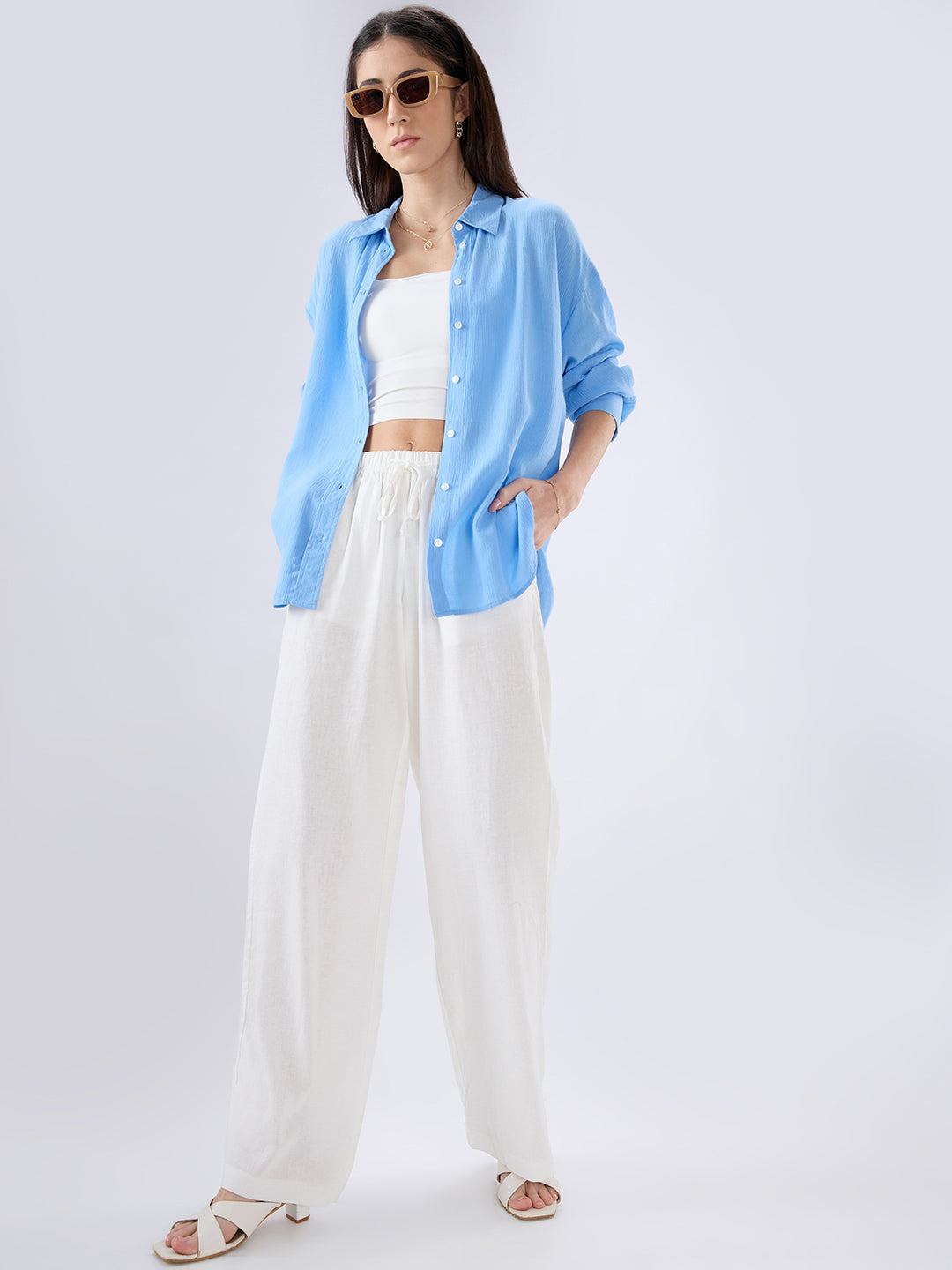 Maya Blue Crepe Oversized Shirt