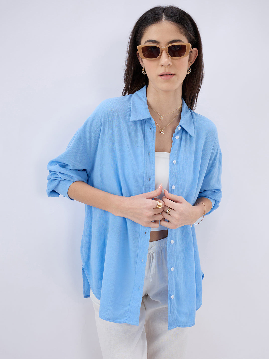 Maya Blue Crepe Oversized Shirt