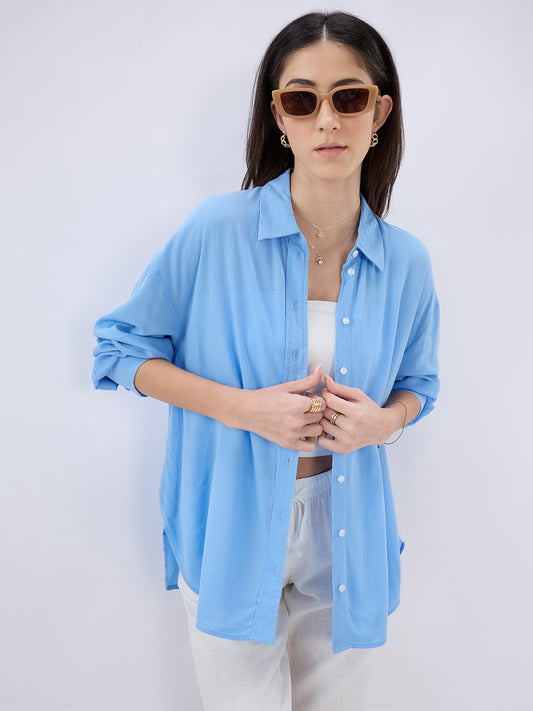 Maya Blue Crepe Oversized Shirt