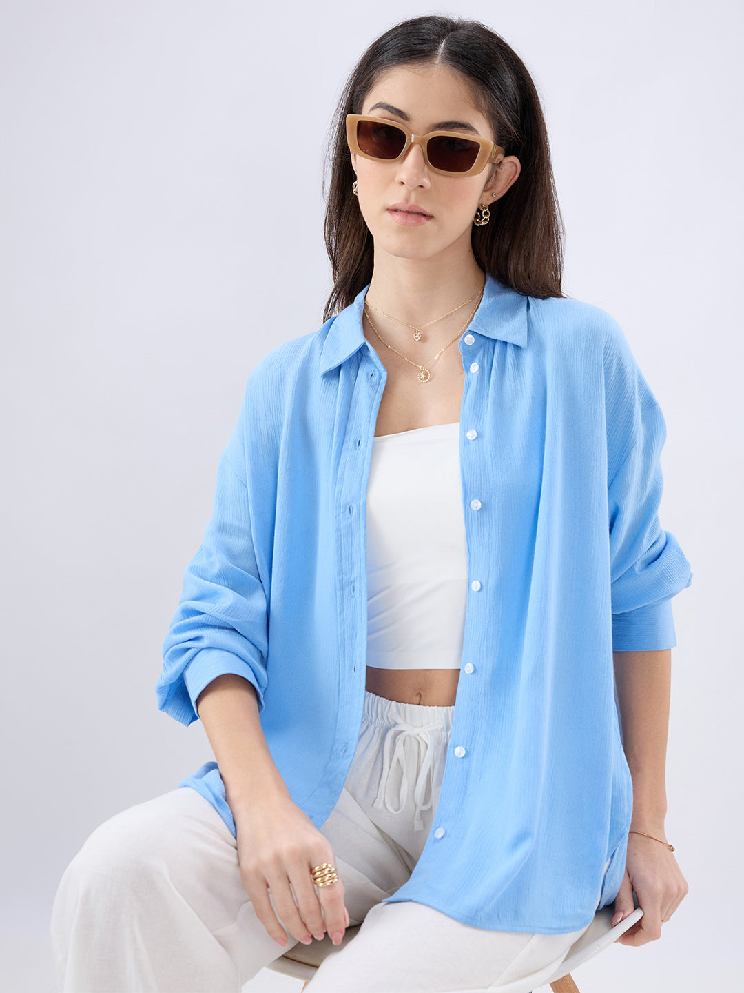 Maya Blue Crepe Oversized Shirt
