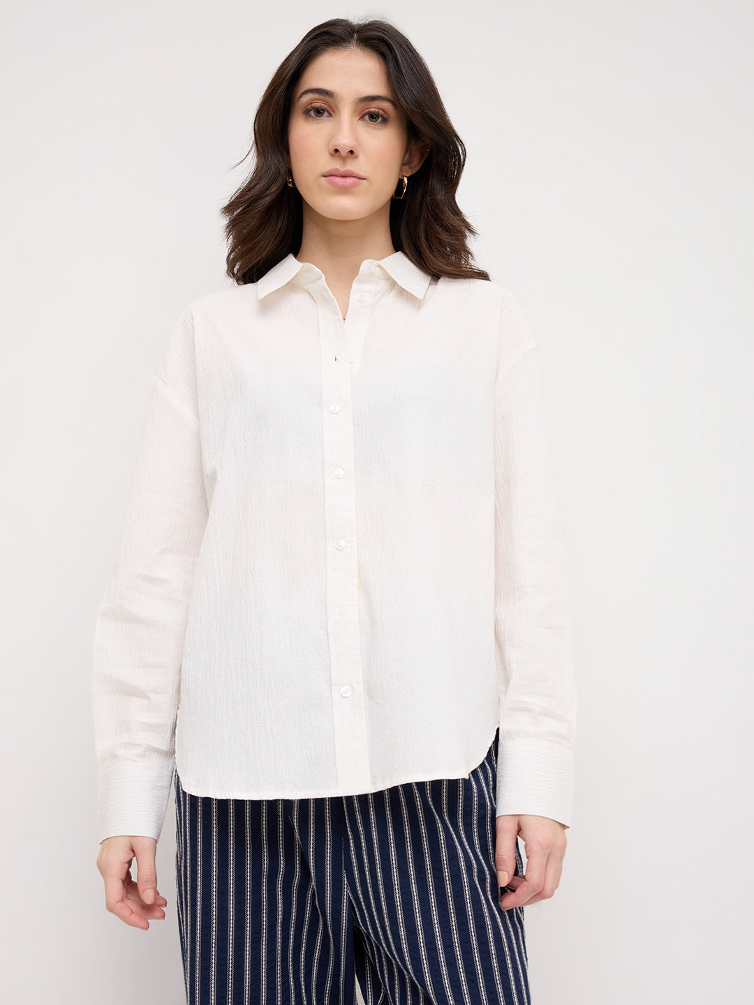 Pearl White Crinkled Textured Oversized Shirt