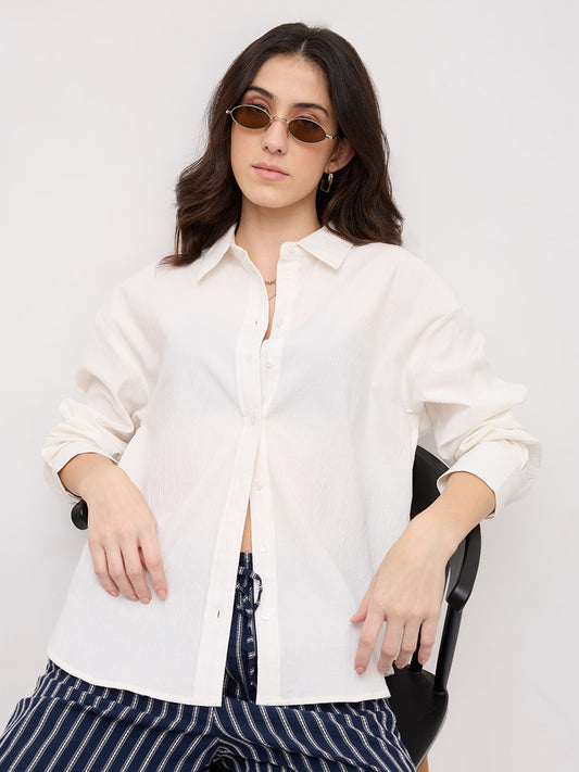 Pearl White Crinkled Textured Oversized Shirt