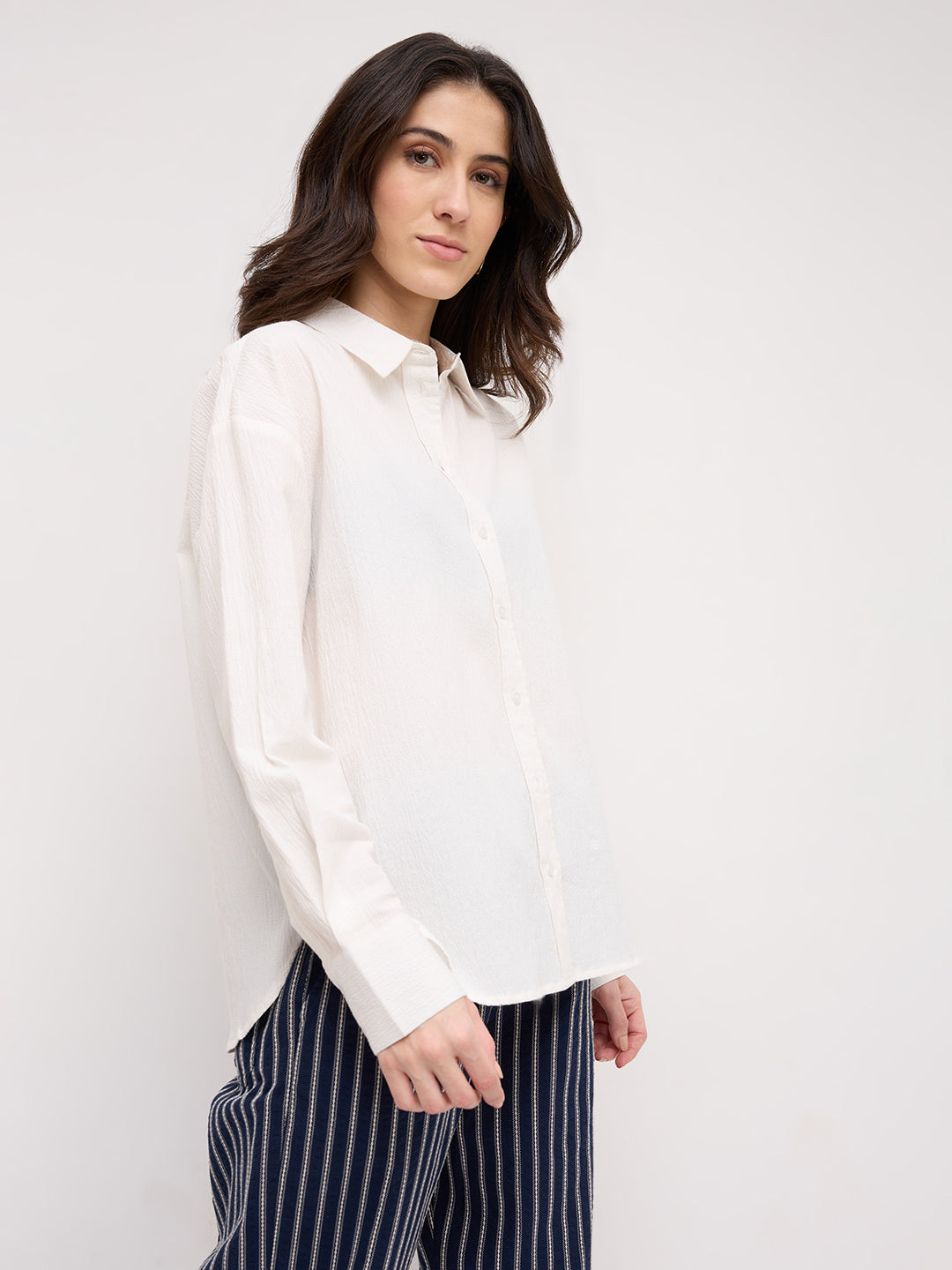 Pearl White Crinkled Textured Oversized Shirt