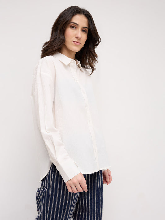 Pearl White Crinkled Textured Oversized Shirt