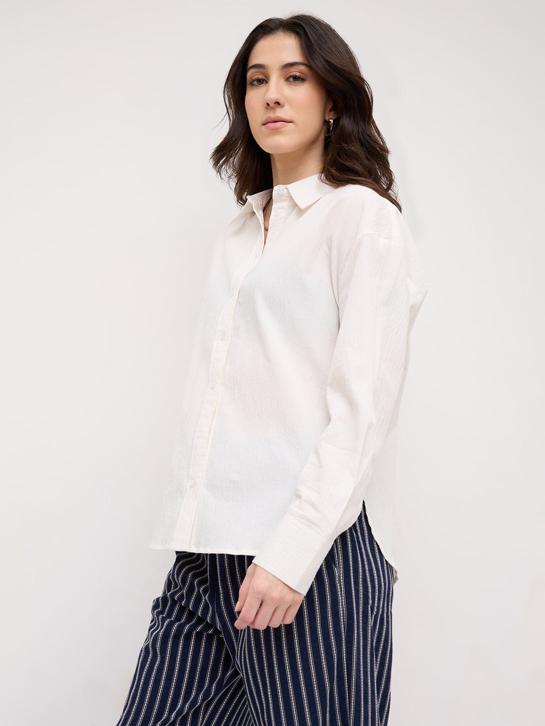 Pearl White Crinkled Textured Oversized Shirt