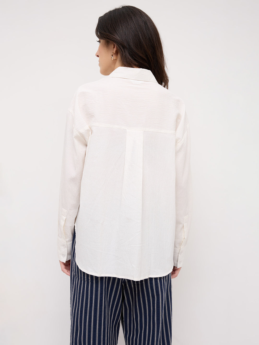 Pearl White Crinkled Textured Oversized Shirt
