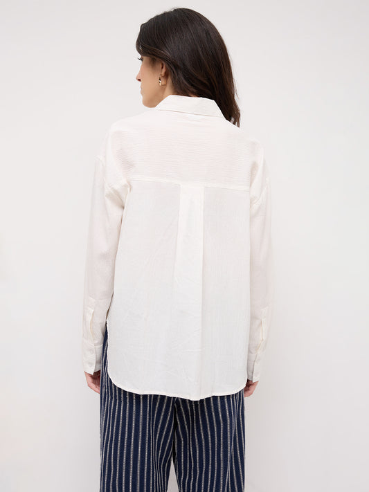 Pearl White Crinkled Textured Oversized Shirt