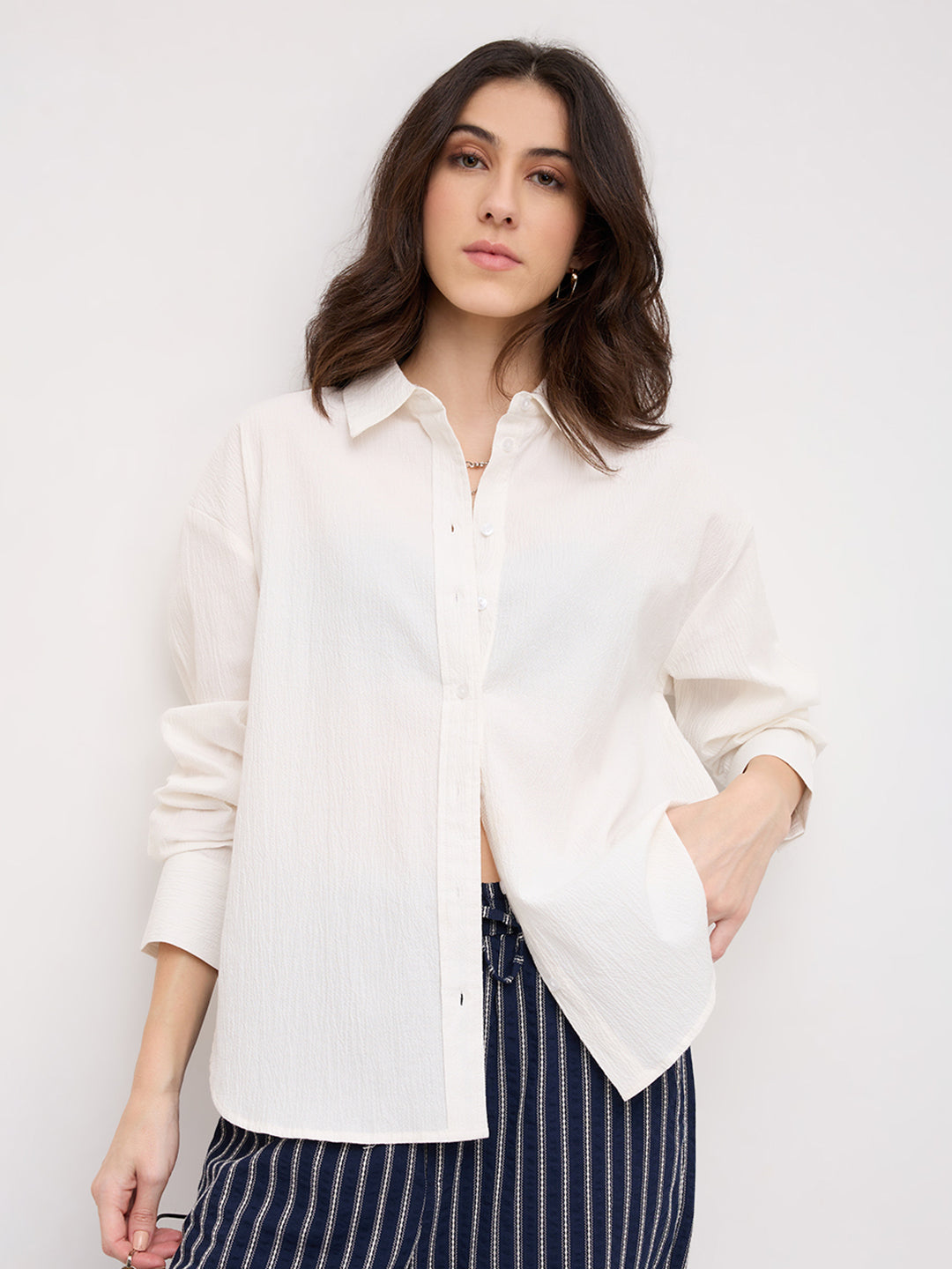 Pearl White Crinkled Textured Oversized Shirt