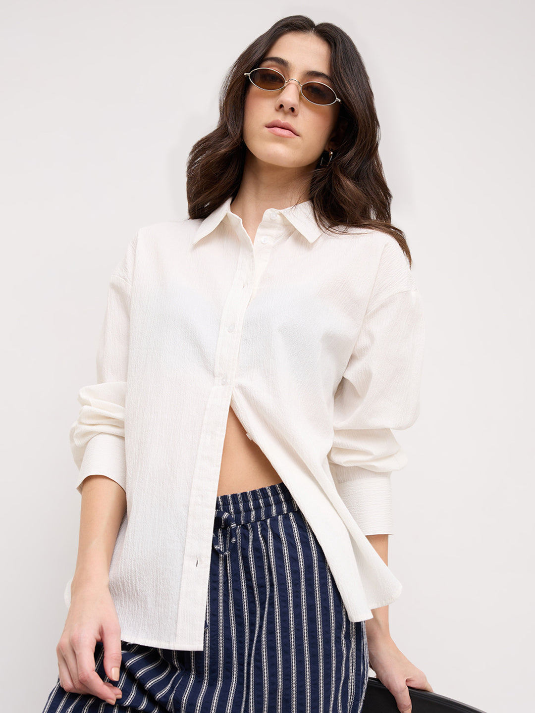 Pearl White Crinkled Textured Oversized Shirt