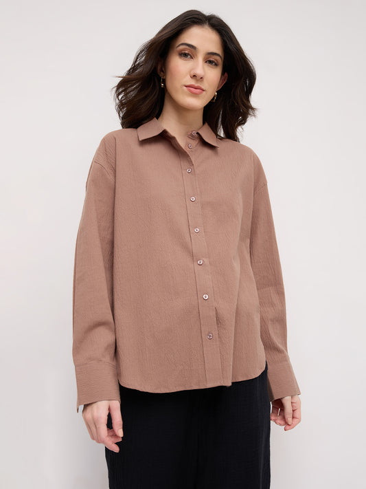 Rouge Pink Crinkled Textured Oversized Shirt