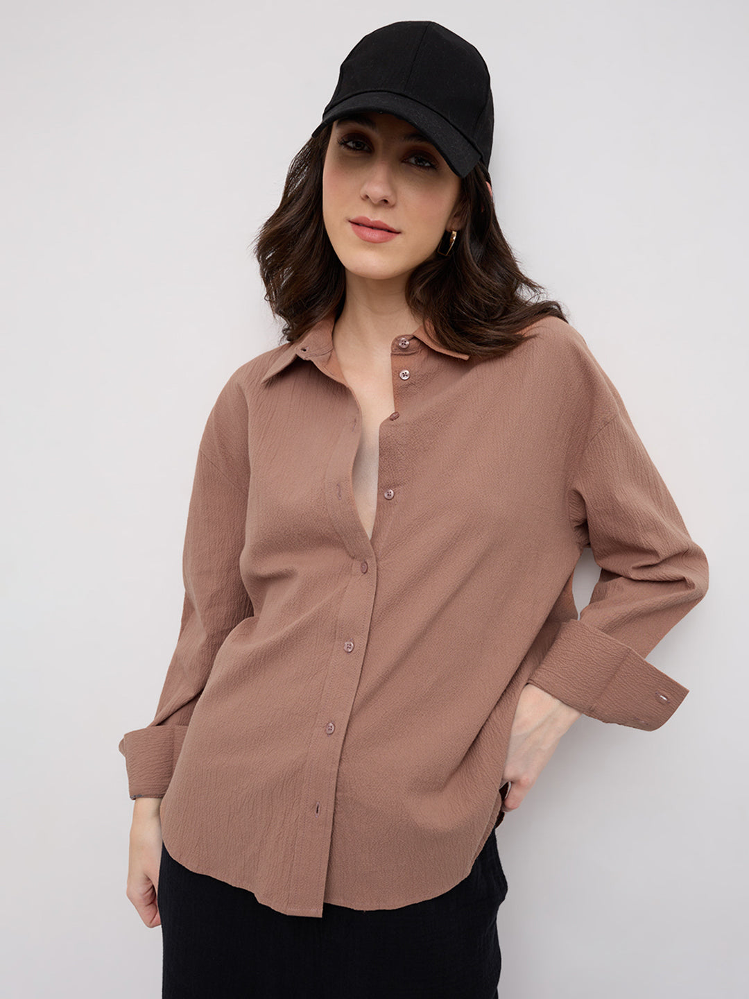 Rouge Pink Crinkled Textured Oversized Shirt