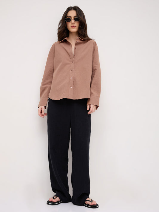 Rouge Pink Crinkled Textured Oversized Shirt