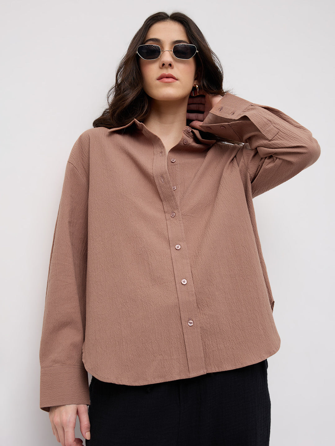 Rouge Pink Crinkled Textured Oversized Shirt