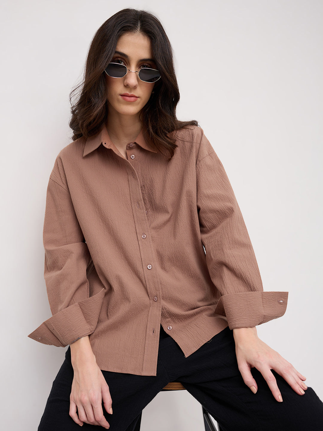 Rouge Pink Crinkled Textured Oversized Shirt