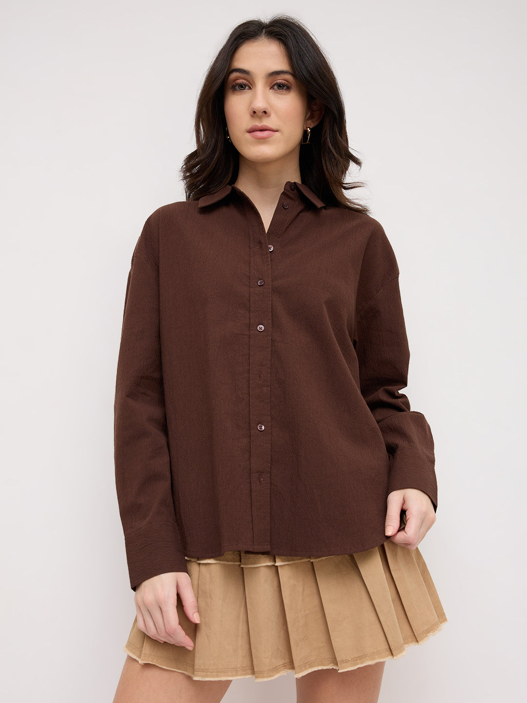 Chocolate Brown Crinkled Textured Oversized Shirt