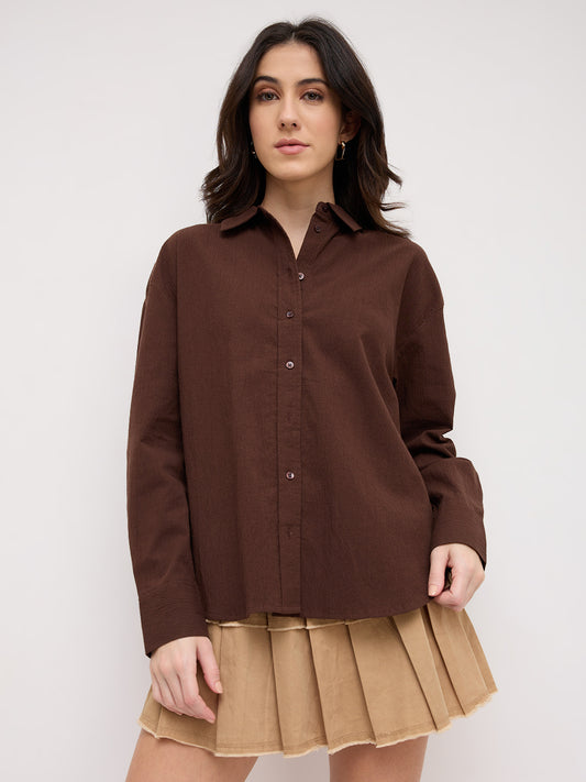 Chocolate Brown Crinkled Textured Oversized Shirt