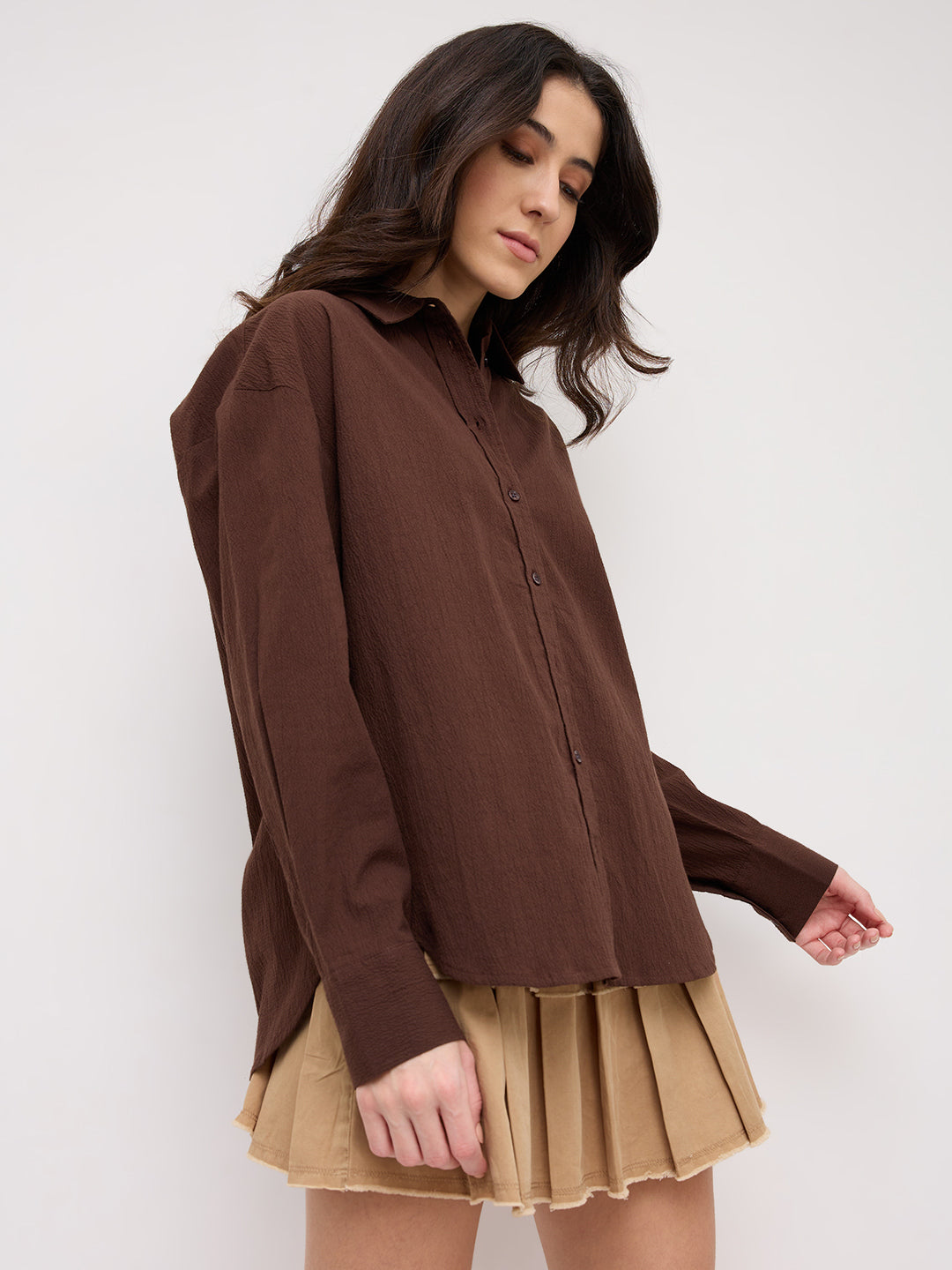 Chocolate Brown Crinkled Textured Oversized Shirt