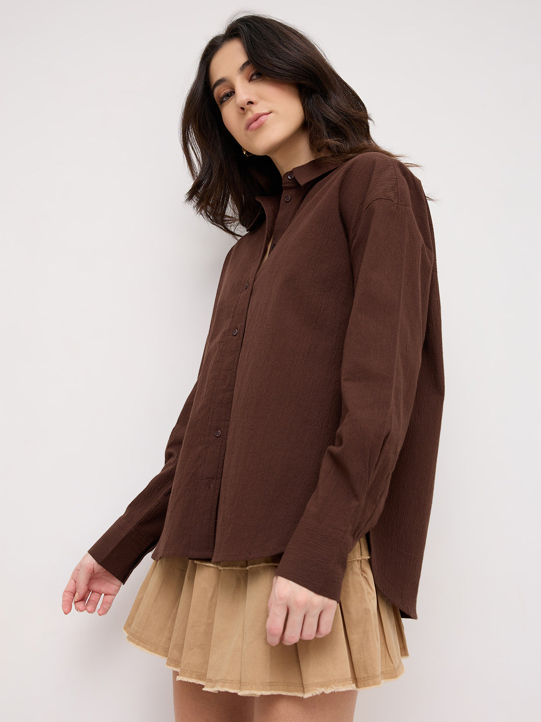 Chocolate Brown Crinkled Textured Oversized Shirt