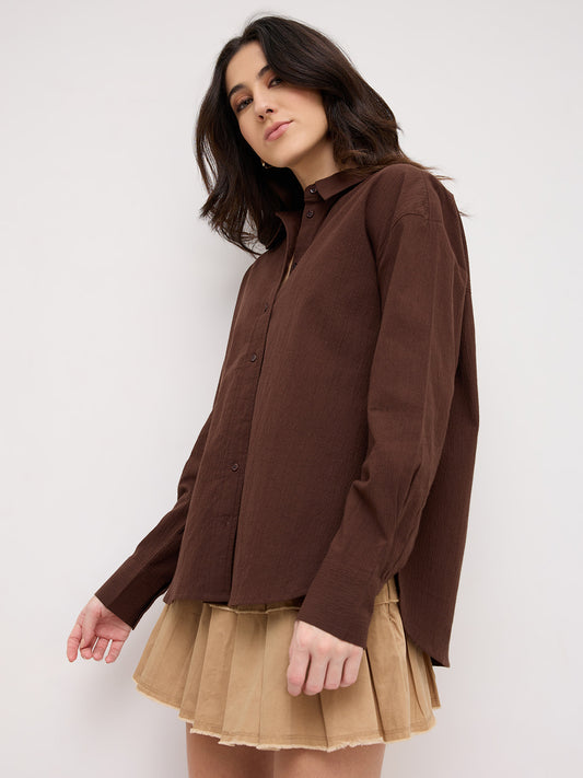 Chocolate Brown Crinkled Textured Oversized Shirt