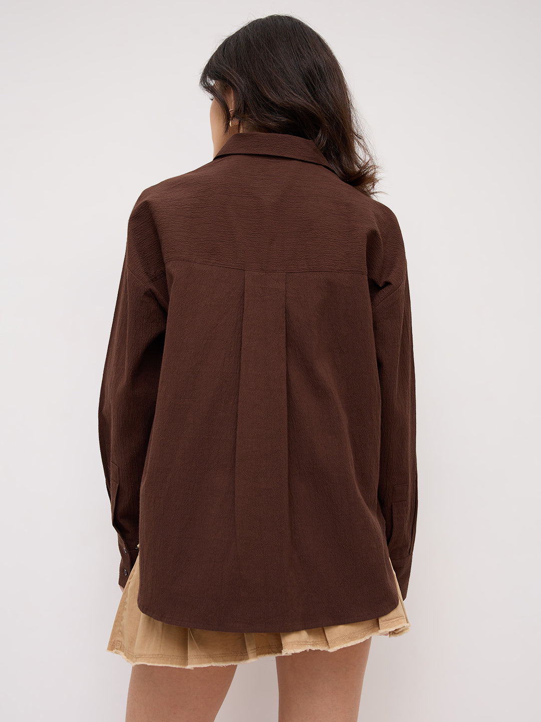 Chocolate Brown Crinkled Textured Oversized Shirt