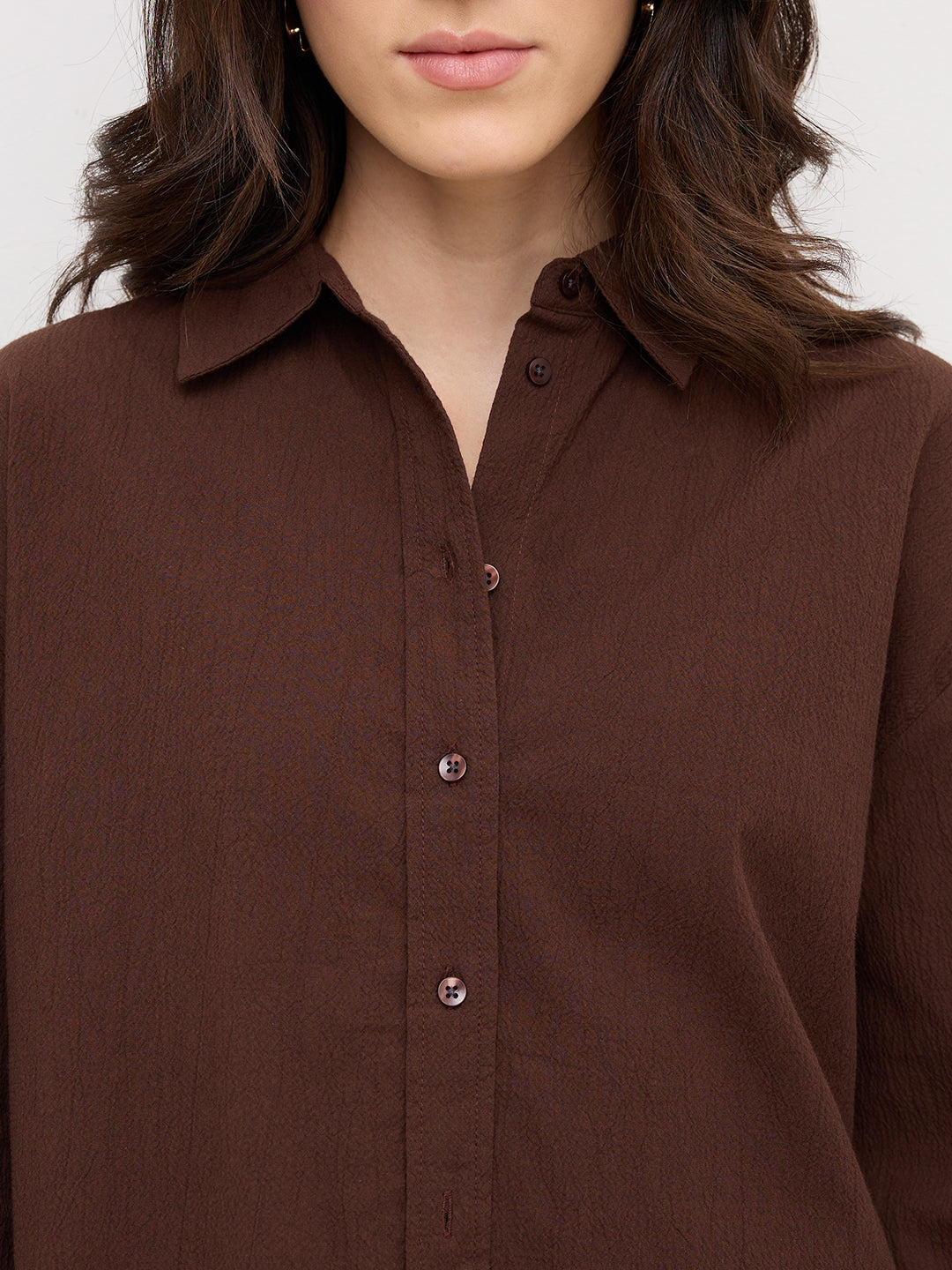 Chocolate Brown Crinkled Textured Oversized Shirt