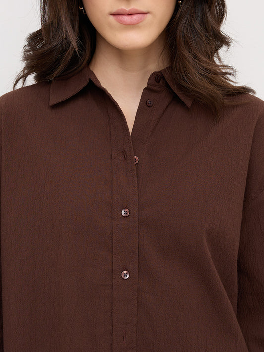 Chocolate Brown Crinkled Textured Oversized Shirt
