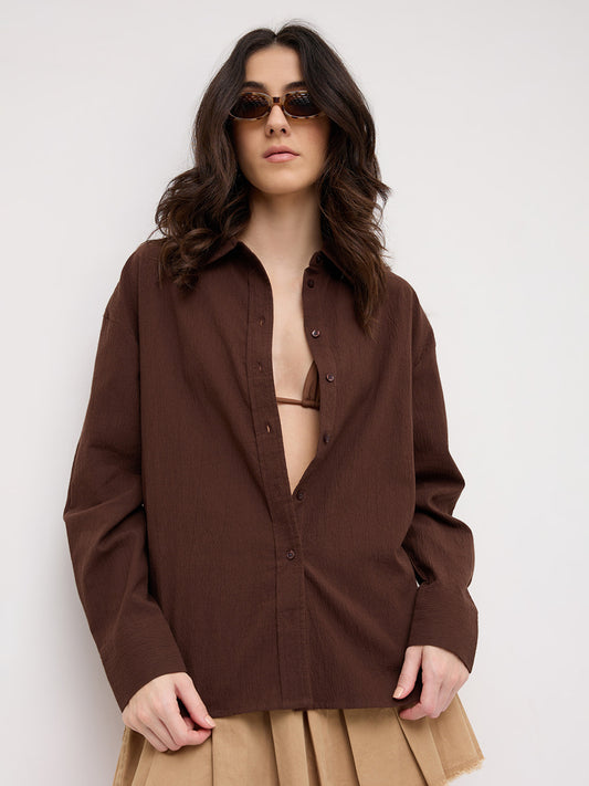 Chocolate Brown Crinkled Textured Oversized Shirt