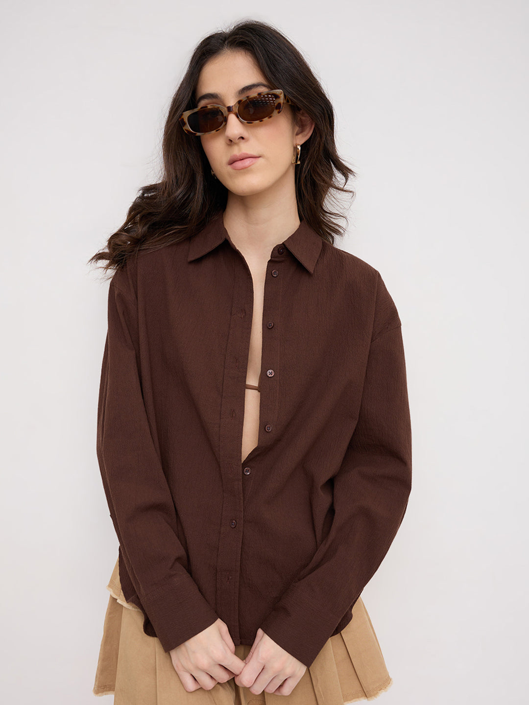 Chocolate Brown Crinkled Textured Oversized Shirt