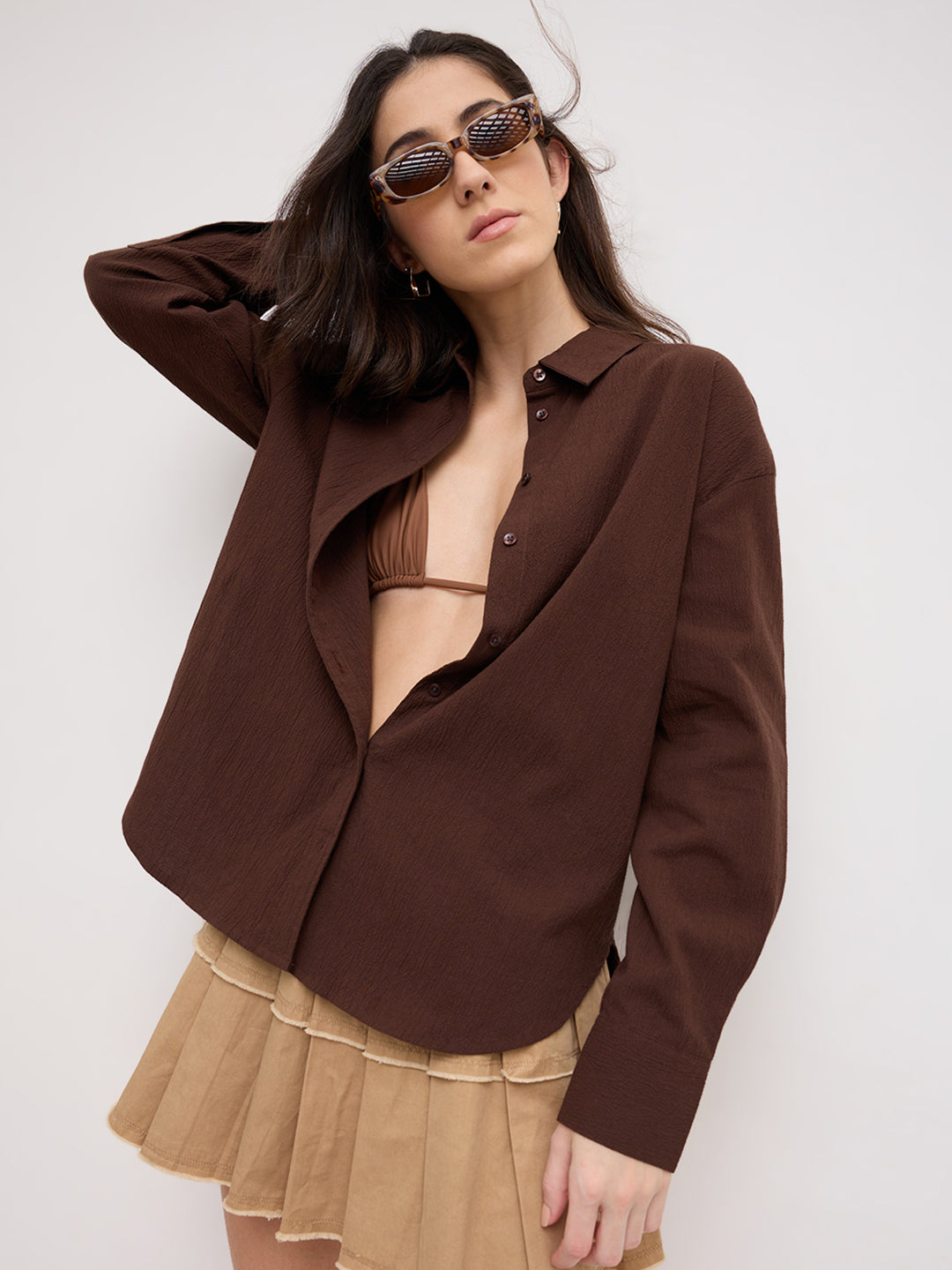 Chocolate Brown Crinkled Textured Oversized Shirt