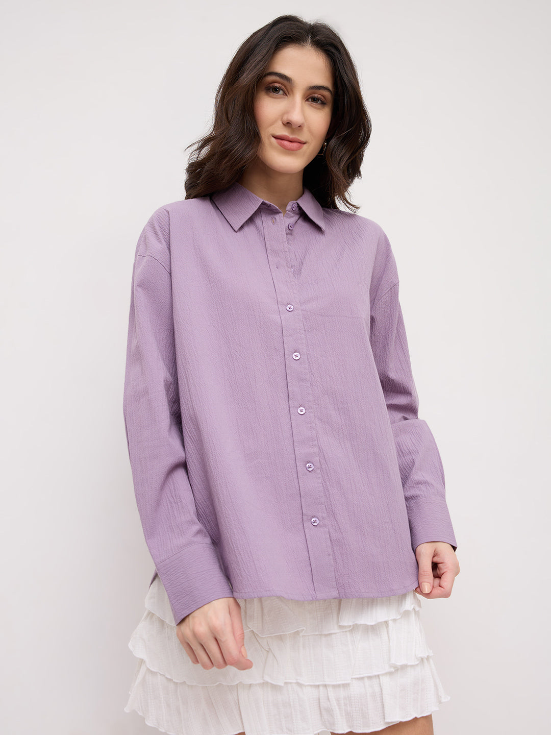 Soft Lilac Crinkled Textured Oversized Shirt