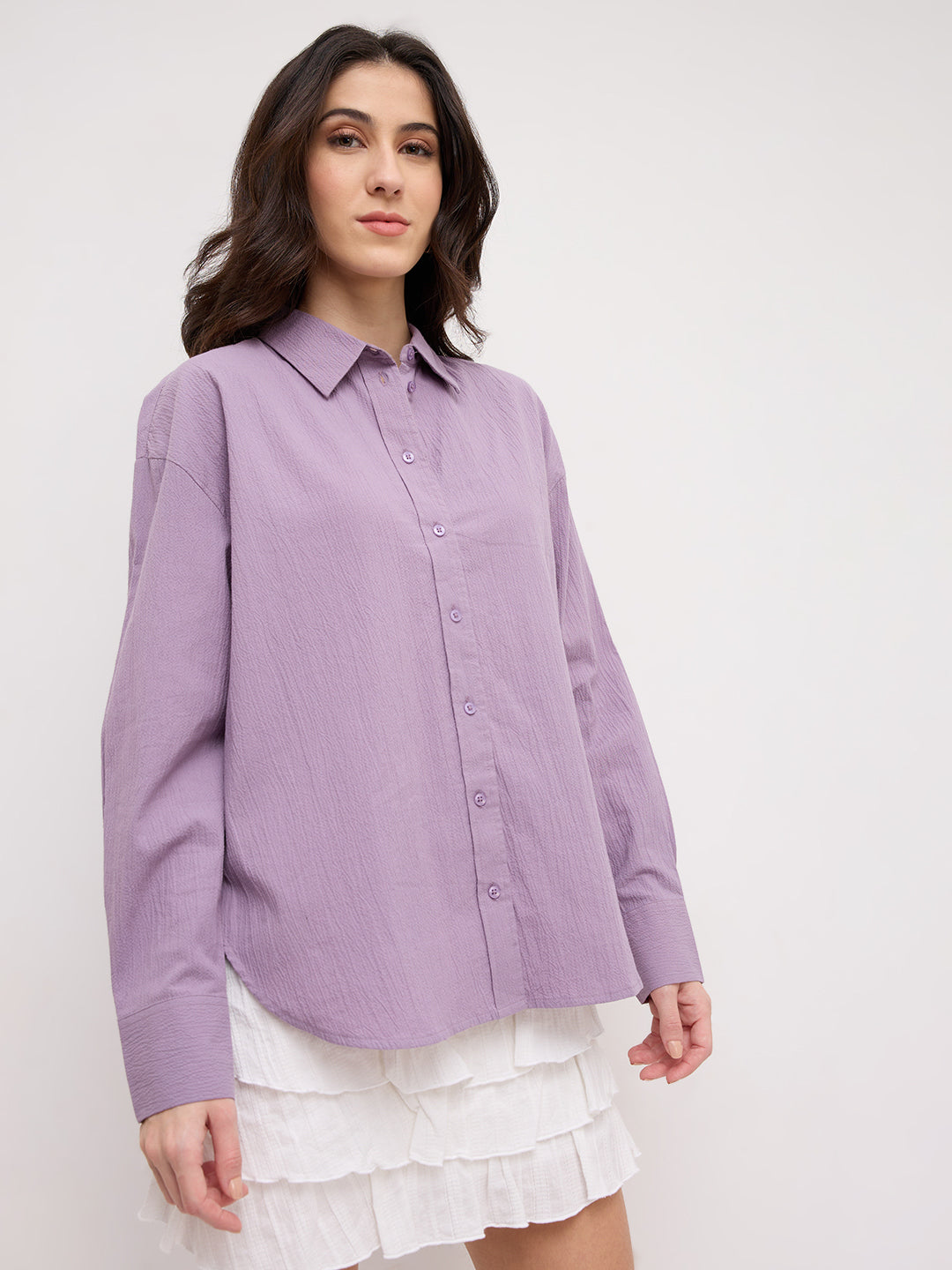 Soft Lilac Crinkled Textured Oversized Shirt
