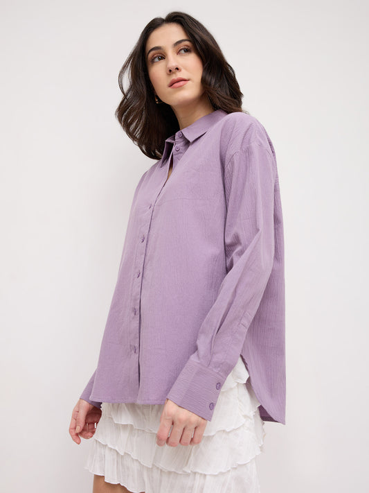 Soft Lilac Crinkled Textured Oversized Shirt