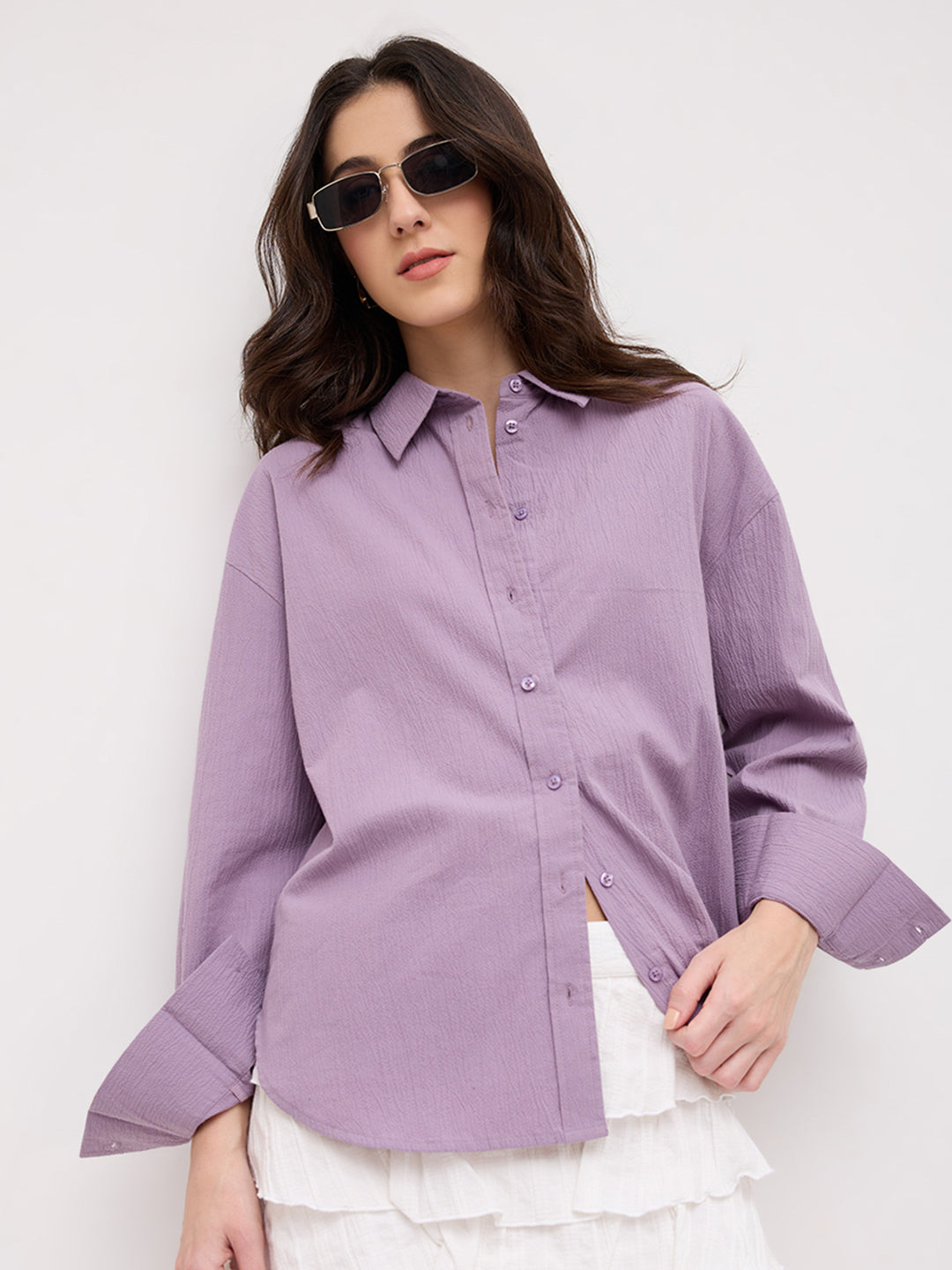 Soft Lilac Crinkled Textured Oversized Shirt