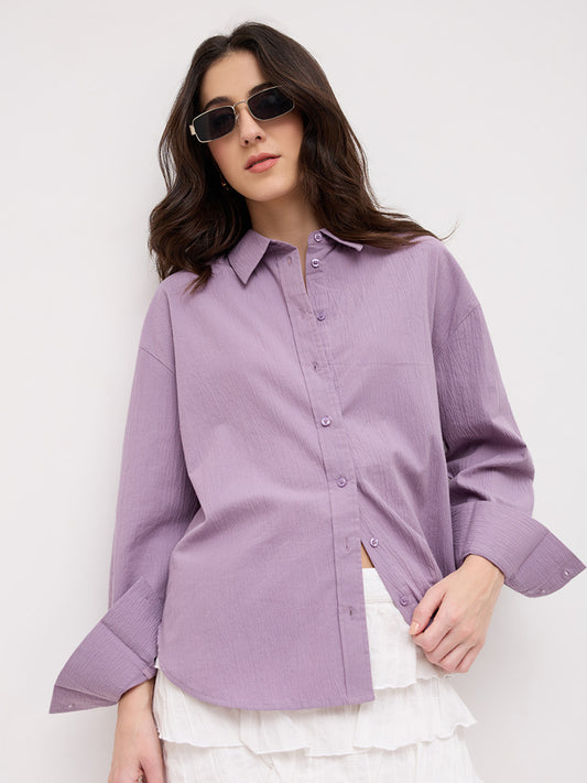 Soft Lilac Crinkled Textured Oversized Shirt
