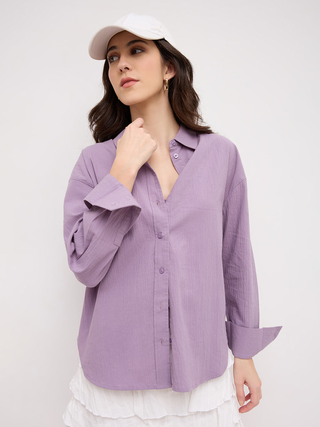 Soft Lilac Crinkled Textured Oversized Shirt