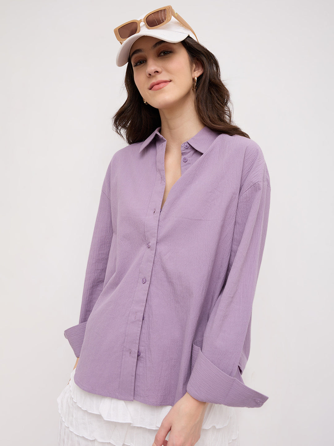 Soft Lilac Crinkled Textured Oversized Shirt
