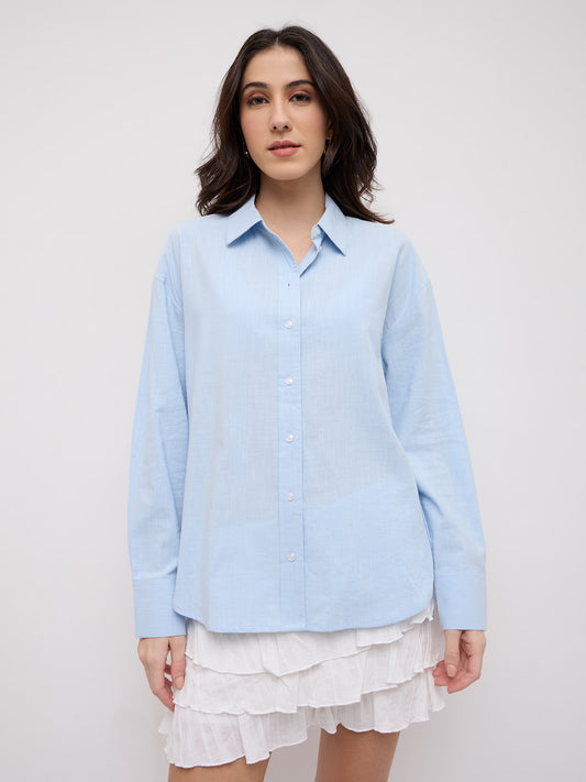 Soft Sky Blue Sheer Textured Oversized Shirt