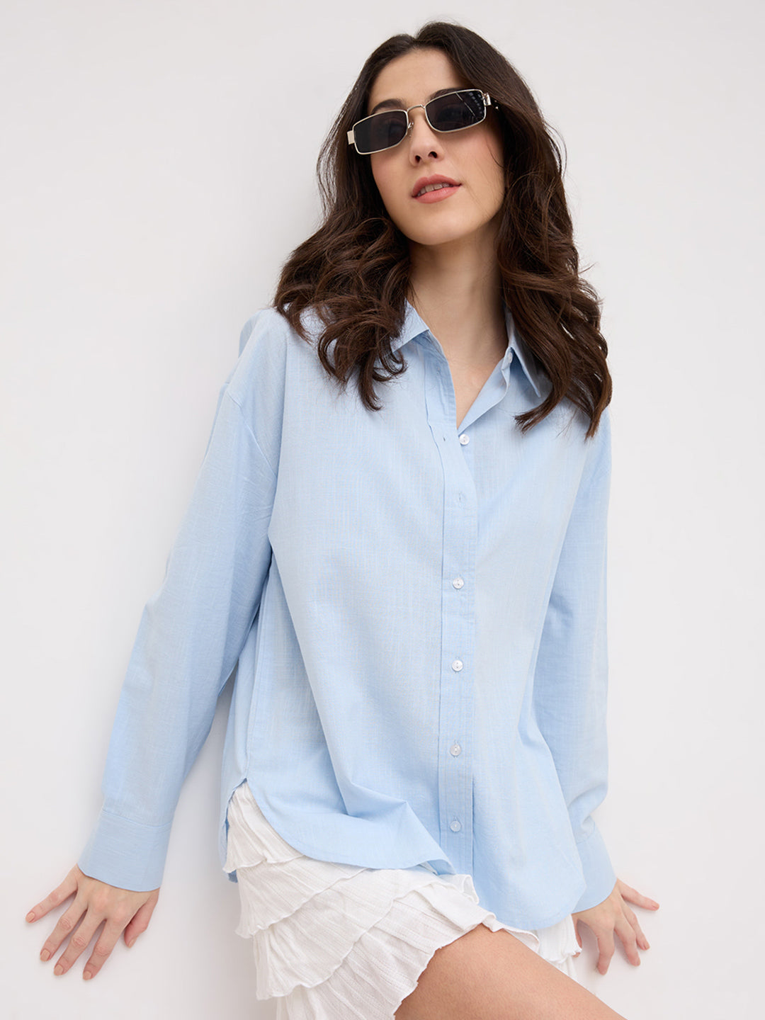 Soft Sky Blue Sheer Textured Oversized Shirt