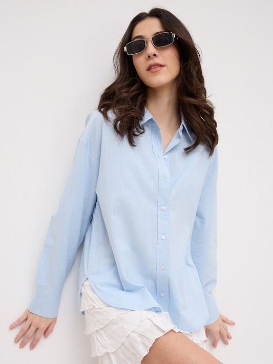 Soft Sky Blue Sheer Textured Oversized Shirt
