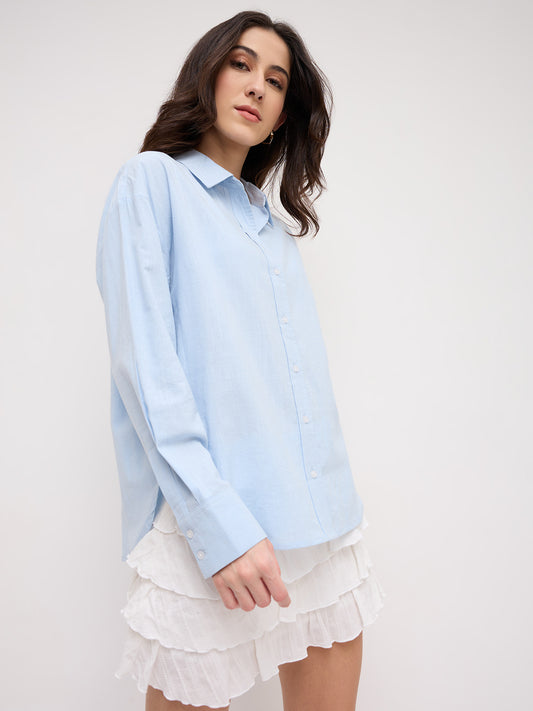 Soft Sky Blue Sheer Textured Oversized Shirt
