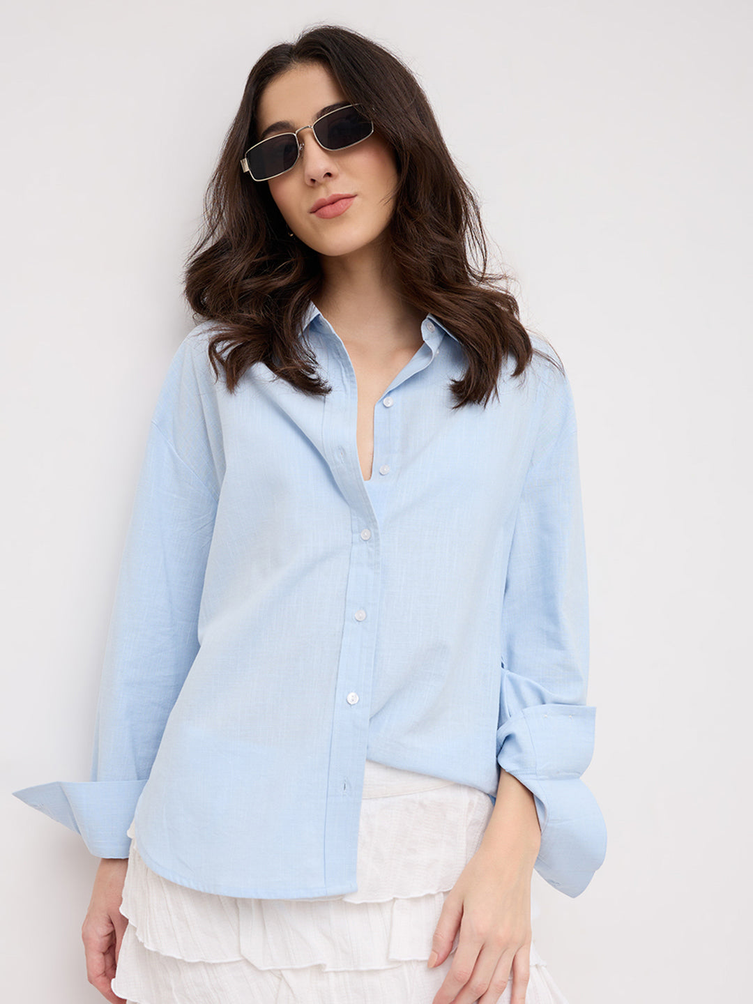 Soft Sky Blue Sheer Textured Oversized Shirt