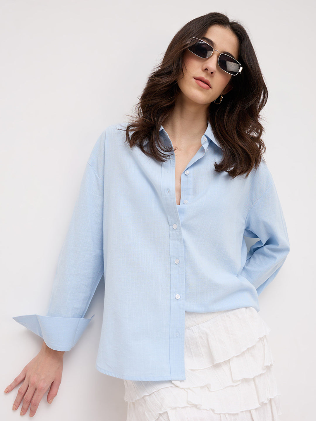 Soft Sky Blue Sheer Textured Oversized Shirt