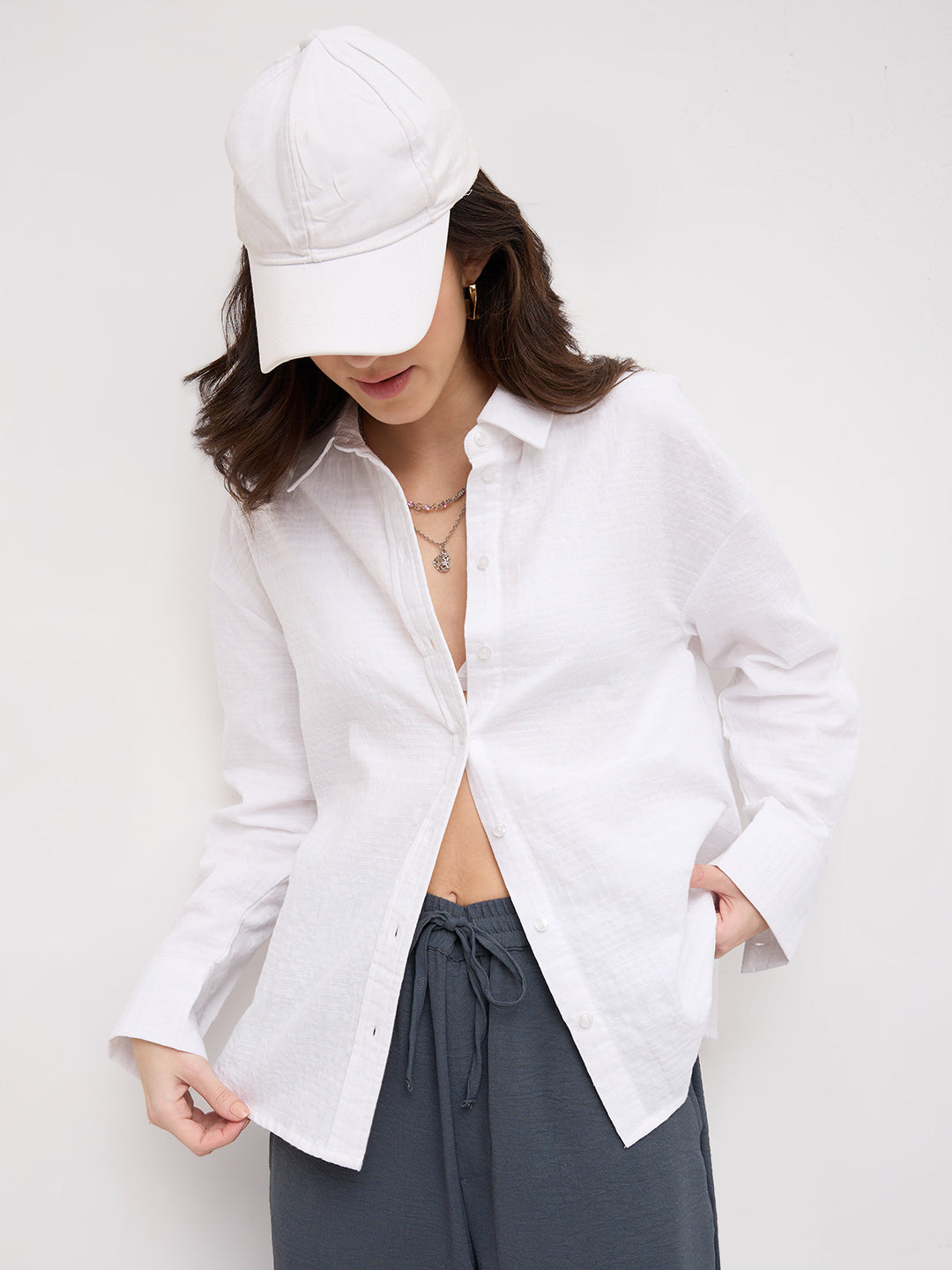 Snow White Block Embossed Textured Oversized Shirt