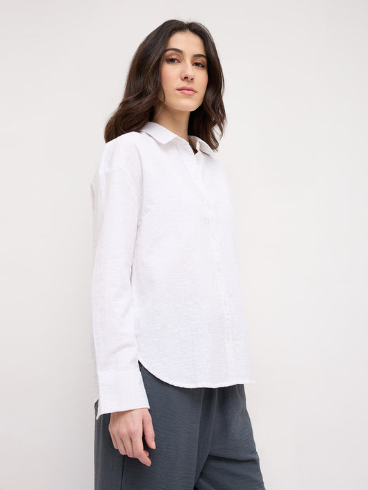 Snow White Block Embossed Textured Oversized Shirt